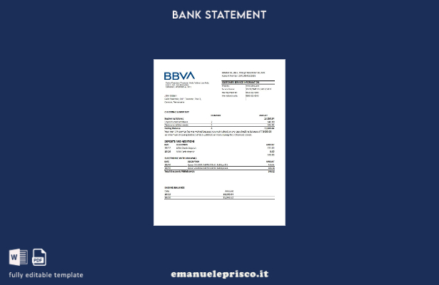 Modello Excel di estratto conto BBVA Venezuela in stile verificato