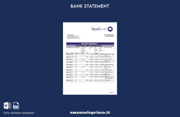 Modello Excel di estratto conto Fasyal Pakistan in stile verificato