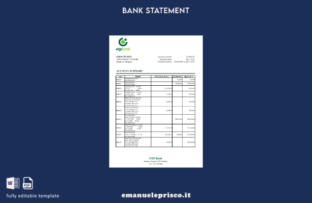 Modello Excel di estratto conto OTP in stile verificato per l'Ungheria