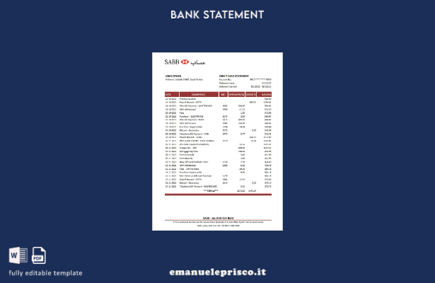 Modello Excel di estratto conto SABB in stile verificato dell'Arabia Saudita
