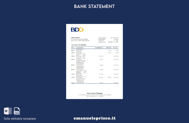 Modello Excel di estratto conto bancario BDO Filippine in stile verificato