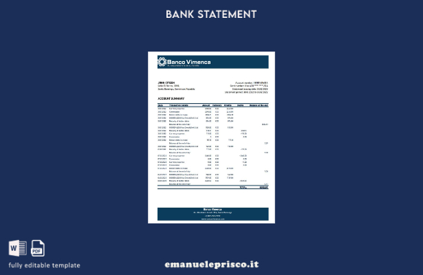 Modello Excel di estratto conto bancario Banco Vimenca della Repubblica Dominica