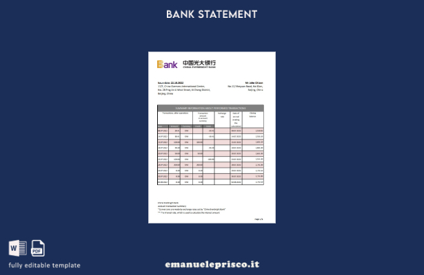 Modello Excel di estratto conto bancario China Everbright in stile verificato