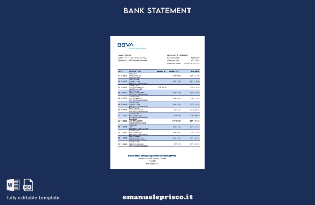 Modello Excel di estratto conto bancario Colombia BBVA in stile verificato