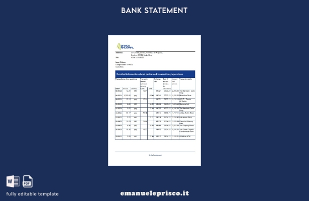 Modello Excel di estratto conto bancario Costa Rica Banco Nacional in stile veri