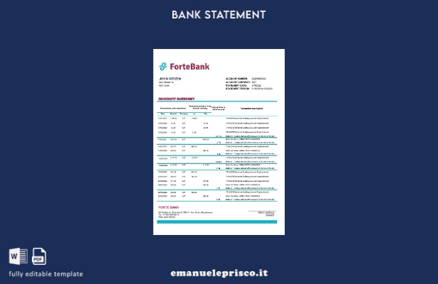 Modello Excel di estratto conto bancario Forte del Kazakistan in stile verificat