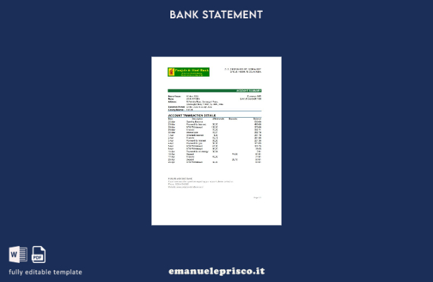 Modello Excel di estratto conto bancario India Punjab e Sind in stile verificato