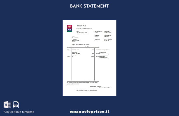 Modello Excel di estratto conto bancario Irlanda AIB in stile verificato