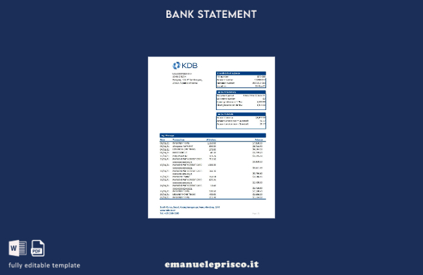 Modello Excel di estratto conto bancario KDB della Corea del Sud in stile verifi