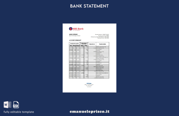 Modello Excel di estratto conto bancario Malawi NBS in stile verificato