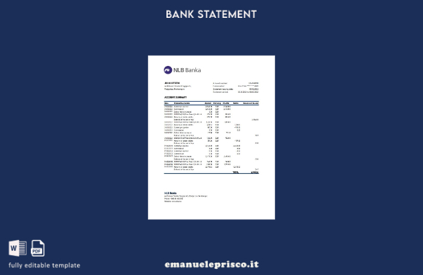 Modello Excel di estratto conto bancario NLB del Montenegro in stile verificato