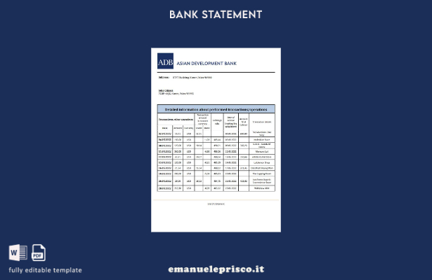 Modello Excel di estratto conto bancario Palau ADB in stile verificato