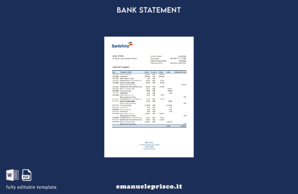 Modello Excel di estratto conto bancario Panama Banistmo in stile verificato