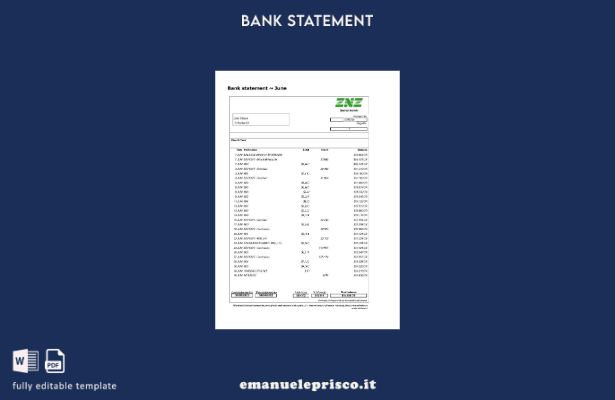Modello Excel di estratto conto bancario Sydney ZNZ in stile verificato