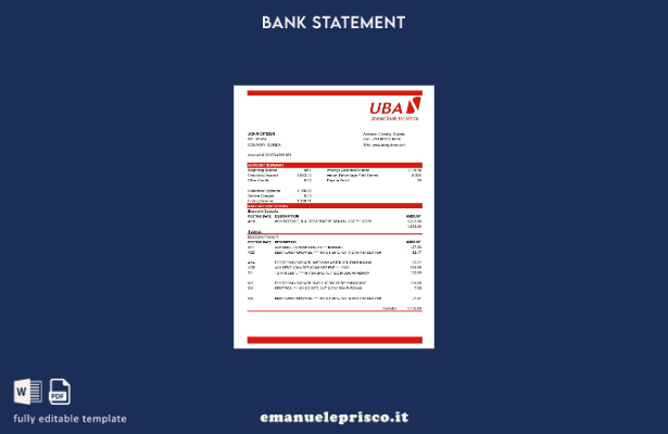 Modello Excel di estratto conto bancario UBA della Guinea in stile verificato