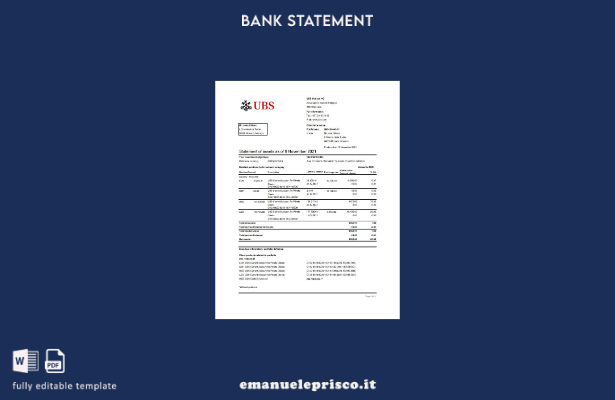 Modello Excel di estratto conto bancario UBS di Monaco in stile verificato