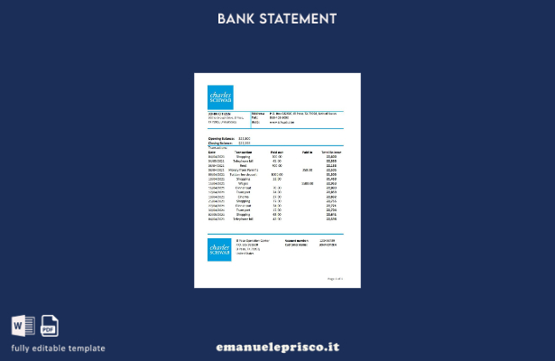 Modello Excel di estratto conto bancario USA Charles Schwab & Co in stile verifi