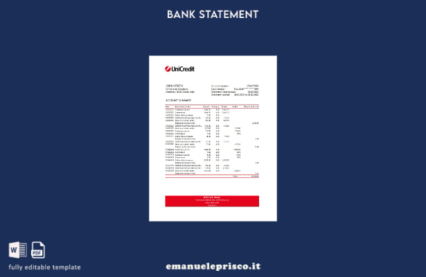 Modello Excel di estratto conto bancario Unicredit Italia stile verificato