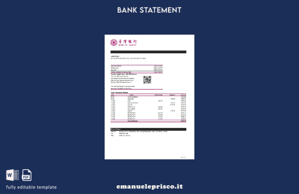 Modello Excel di estratto conto della Banca di Taiwan in stile verificato