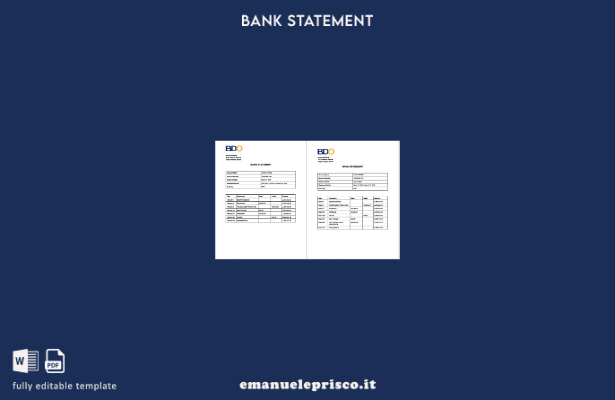 Modello di pagine di parole dell'estratto conto bancario BDO Filippine in stile