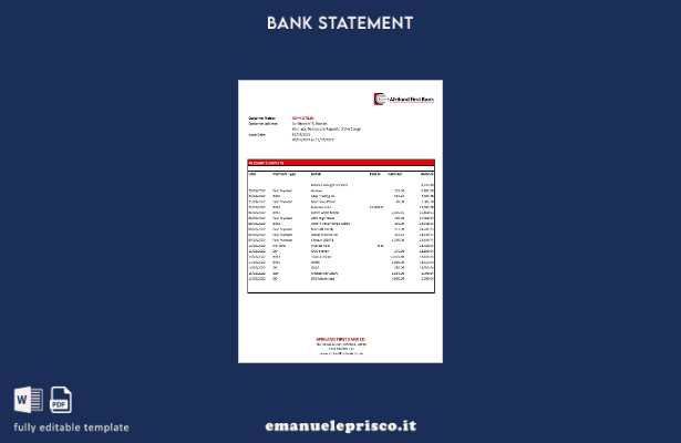 modello Excel del primo estratto conto bancario Congo Afriland in stile verifica
