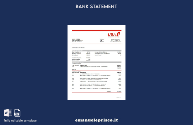 modello Excel di estratto conto UBA del Camerun in stile verificato