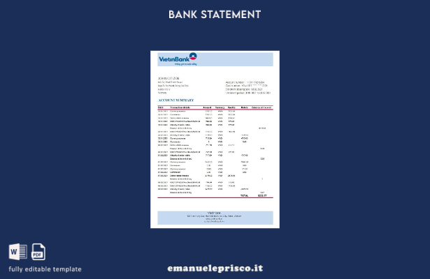 modello Excel di estratto conto Vietnam Vietinbank in stile verificato