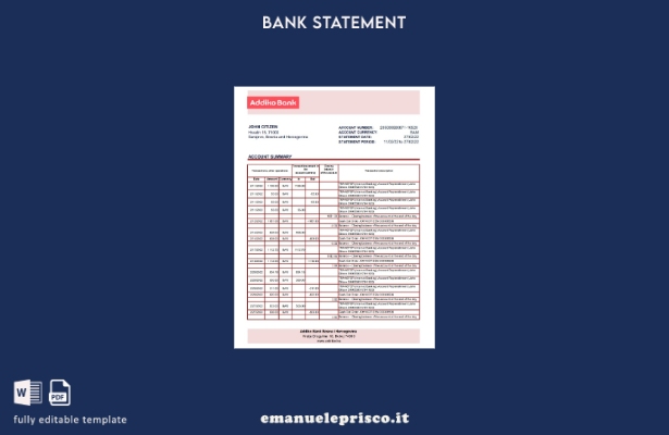 modello Excel di estratto conto bancario Addiko Bosnia ed Erzegovina stile verif