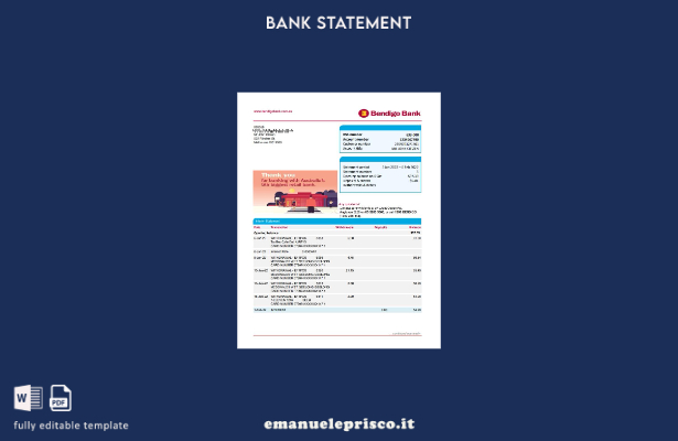 modello Excel di estratto conto bancario Australia Bendigo in stile verificato