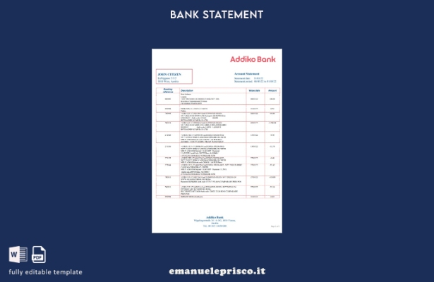 modello Excel di estratto conto bancario Austria Addiko in stile verificato