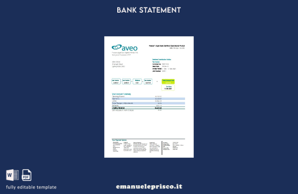modello Excel di estratto conto bancario Aveo Australia in stile verificato