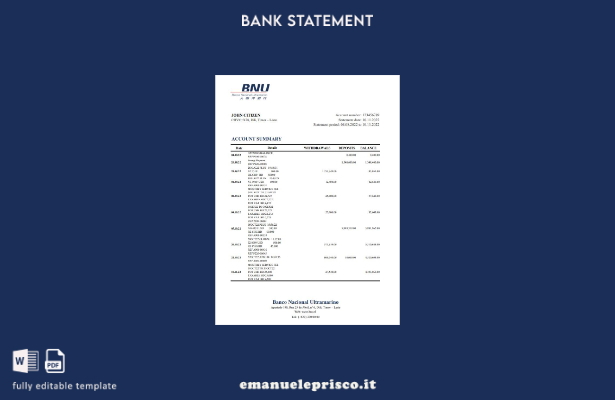 modello Excel di estratto conto bancario BNU di Timor Est in stile verificato