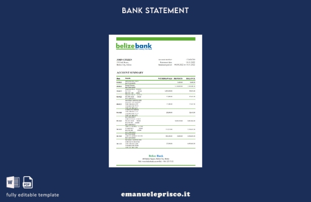 modello Excel di estratto conto bancario Belize stile verificato