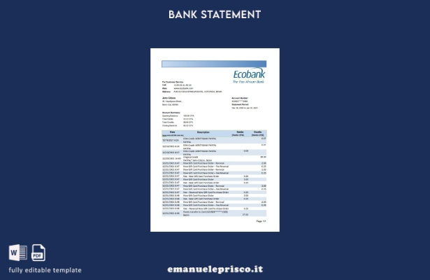 modello Excel di estratto conto bancario Benin Ecobank in stile verificato