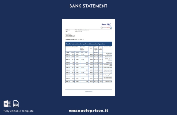 modello Excel di estratto conto bancario Botswana Bank ABC in stile verificato