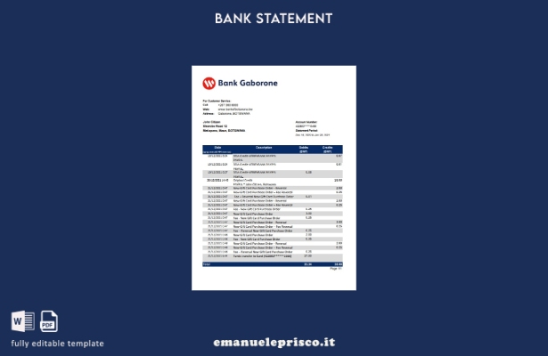 modello Excel di estratto conto bancario Botswana Bank Gaborone in stile verific