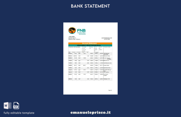 modello Excel di estratto conto bancario Botswana FNB del Botswana in stile veri