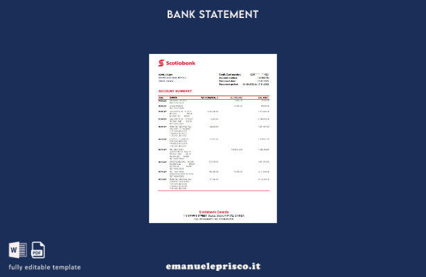 modello Excel di estratto conto bancario Canada Scotiabank in stile verificato