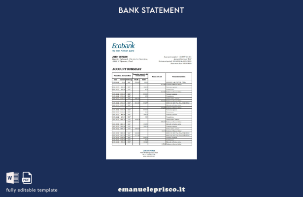 modello Excel di estratto conto bancario Chad Ecobank in stile verificato