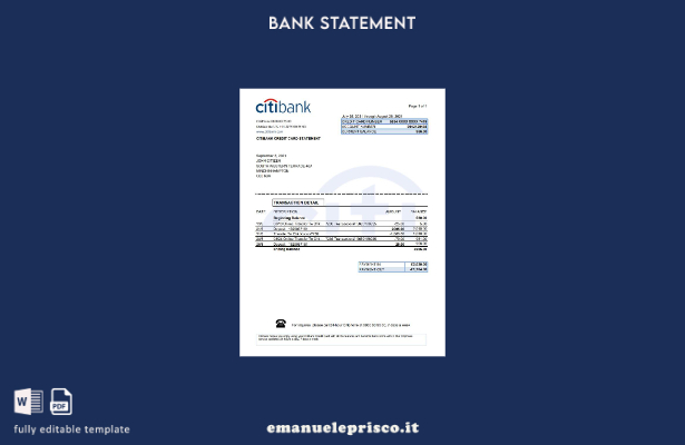 modello Excel di estratto conto bancario Citibank del Regno Unito in stile verif