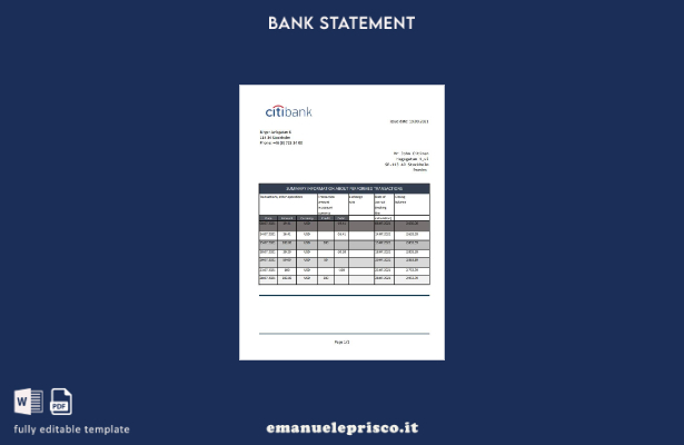 modello Excel di estratto conto bancario Citibank svedese in stile verificato