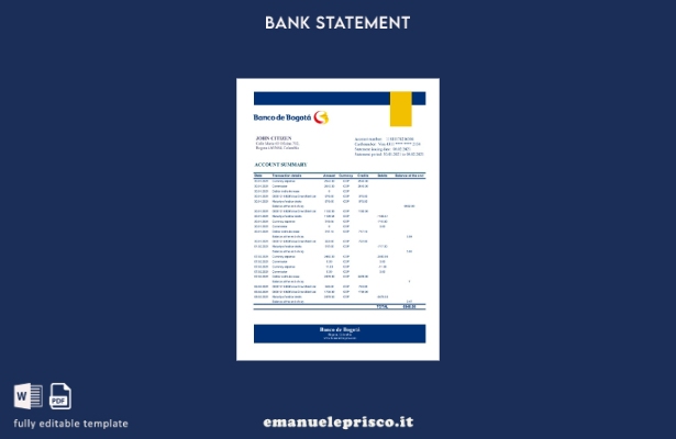 modello Excel di estratto conto bancario Colombia Banco de Bogotá in stile verif