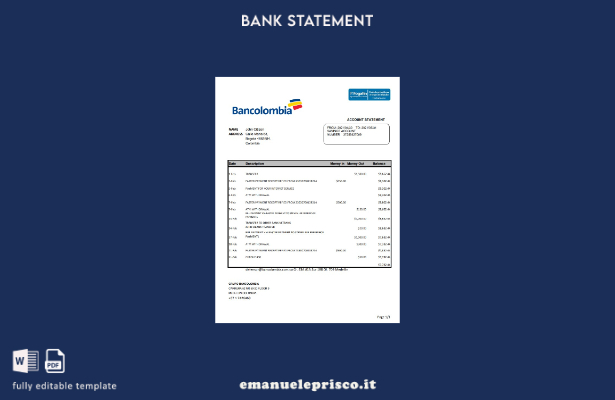 modello Excel di estratto conto bancario Colombia Bancolombia in stile verificat