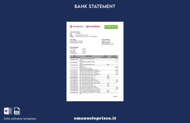 modello Excel di estratto conto bancario Colombia Scotiabank Colpatria in stile