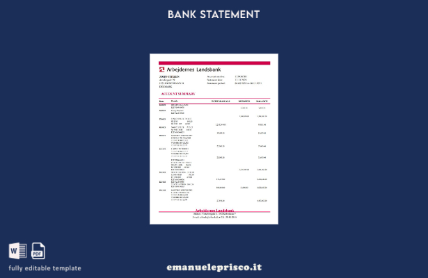 modello Excel di estratto conto bancario Danimarca Arbejdernes Landsbank in stil