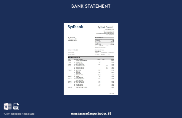 modello Excel di estratto conto bancario Danimarca Sydbank in stile verificato