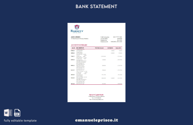 modello Excel di estratto conto bancario Dominica Barnett Capital in stile verif