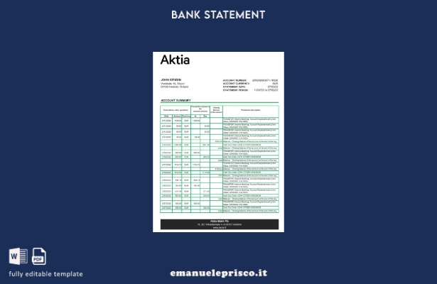modello Excel di estratto conto bancario Finlandia Aktia in stile verificato