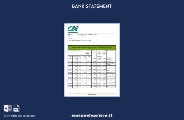 modello Excel di estratto conto bancario France Credite Agricole in stile verifi