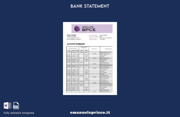 modello Excel di estratto conto bancario France Groupe BPCE in stile verificato
